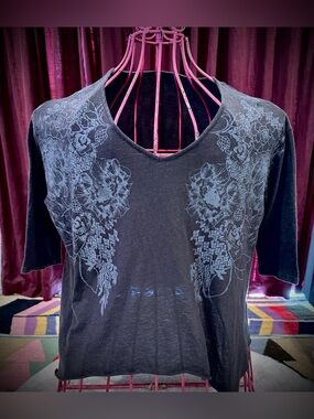 Free People Black Floral Print V-Neck Top